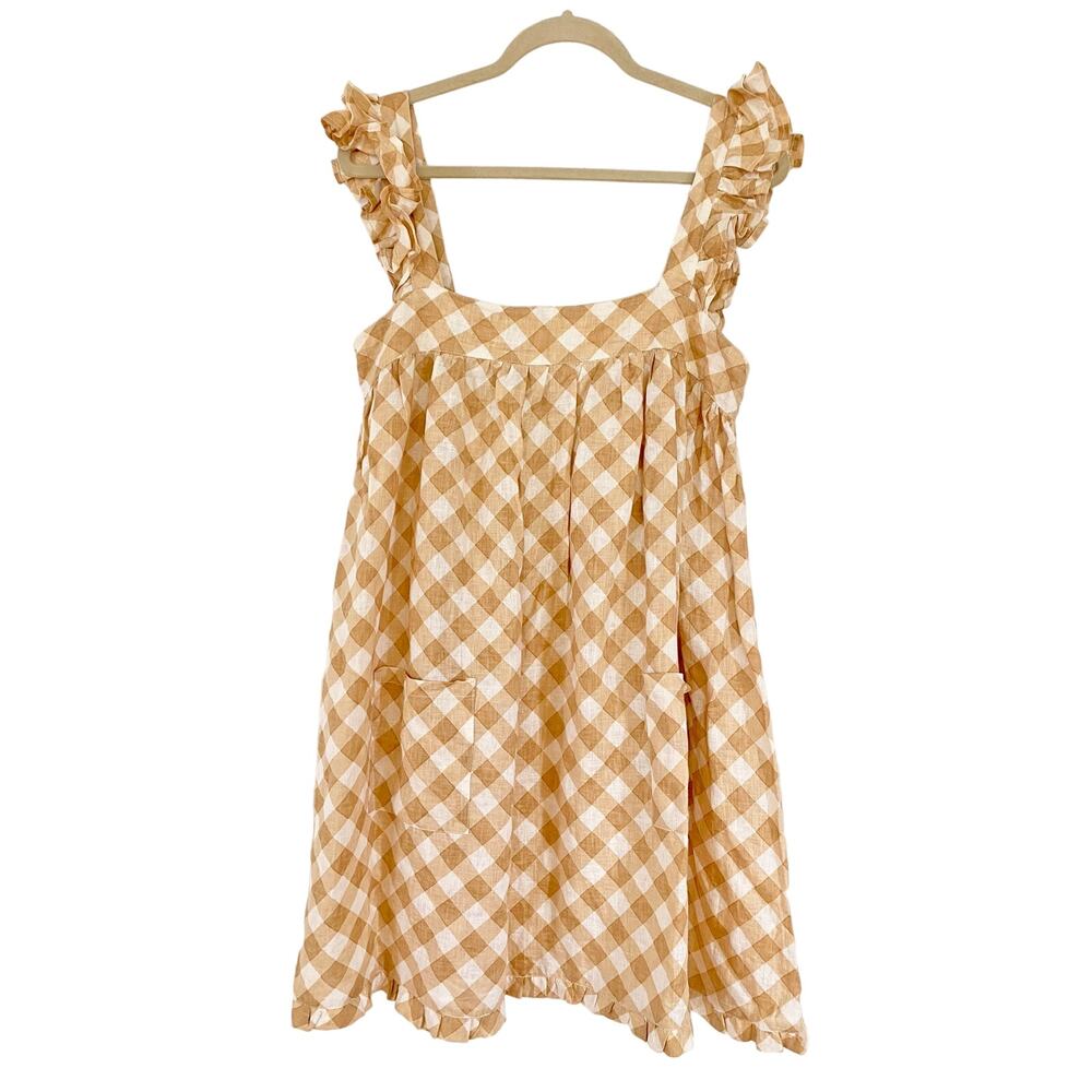 Gingham Ruffle Strap Mini Dress - Tan and White